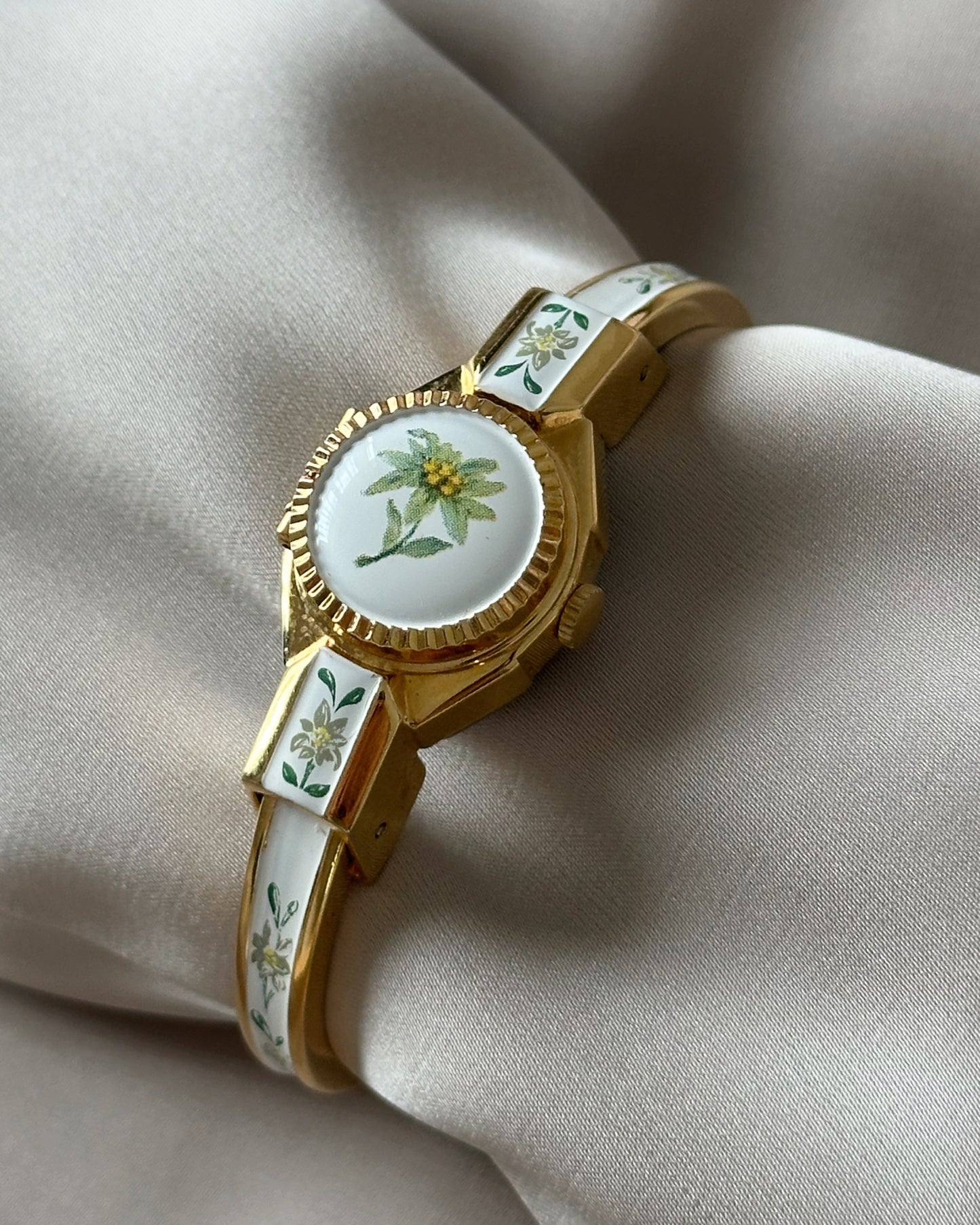 Vintage Green Floral Peek-A-Boo Bangle Watch