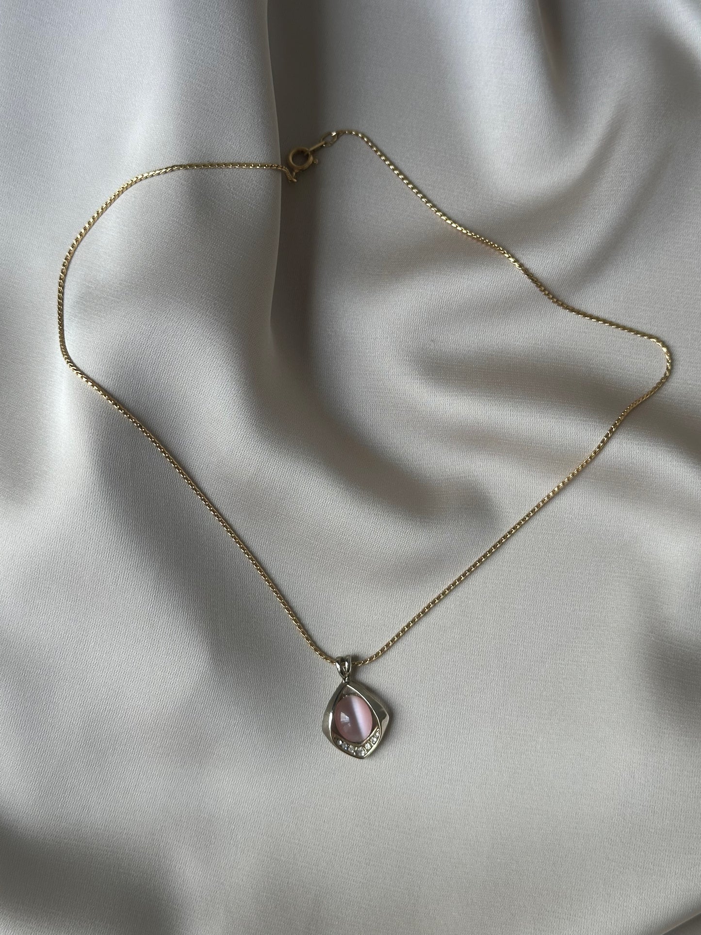 Pink Cat’s Eye & Crystal Pendant Necklace