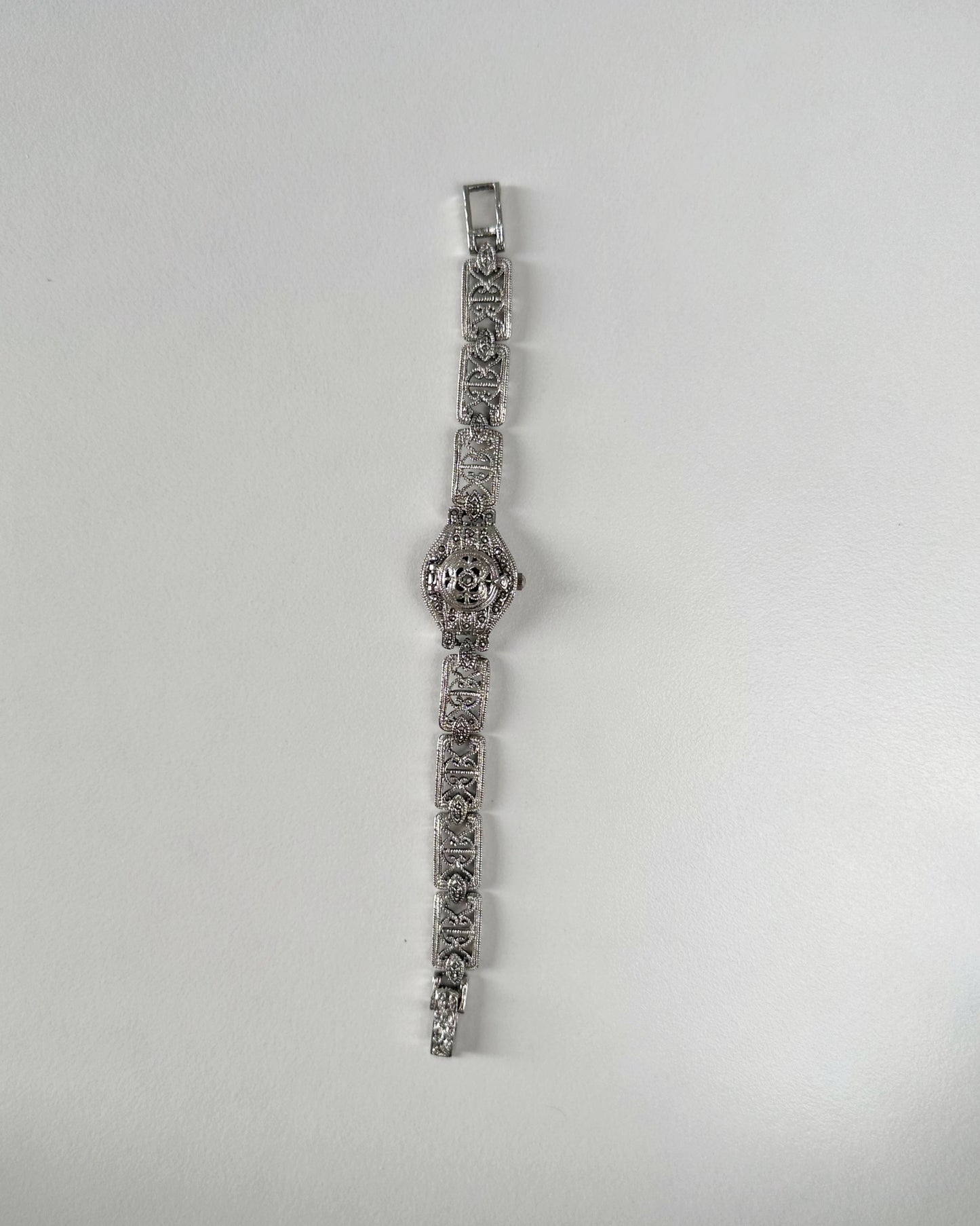Silver Tone Marcasite Stone Hidden Watch
