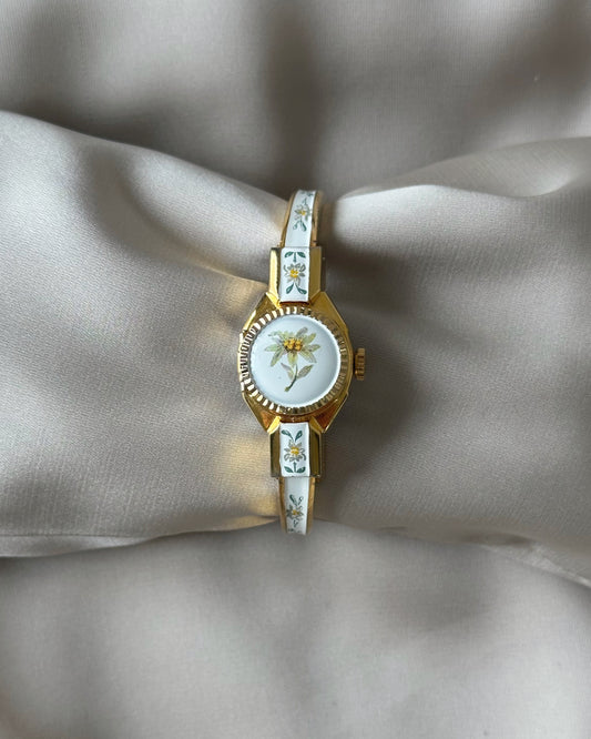 Vintage Yellow Floral Peek-A-Boo Bangle Watch