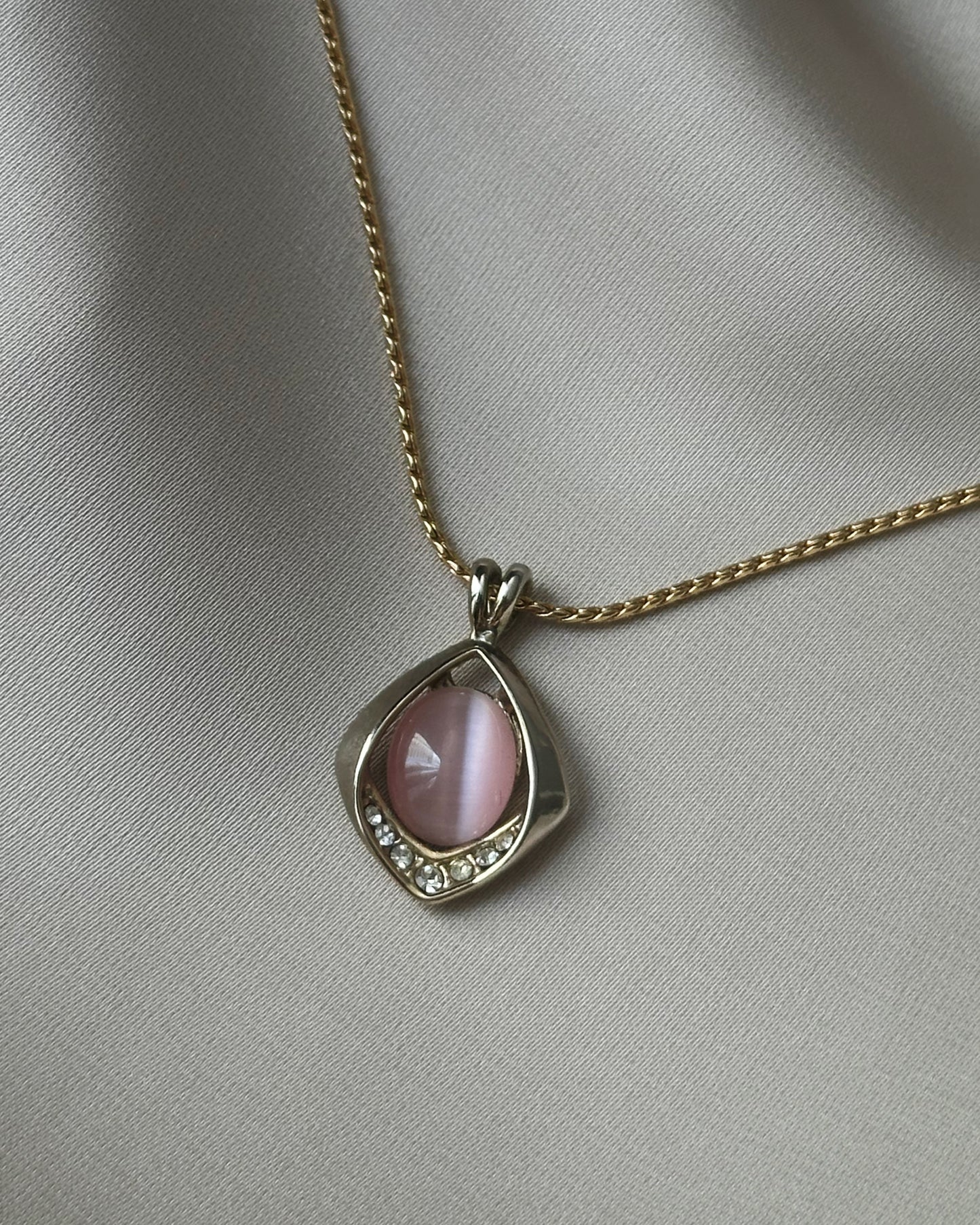 Pink Cat’s Eye & Crystal Pendant Necklace