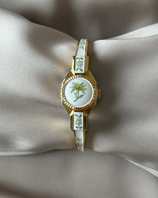 Vintage Green Floral Peek-A-Boo Bangle Watch
