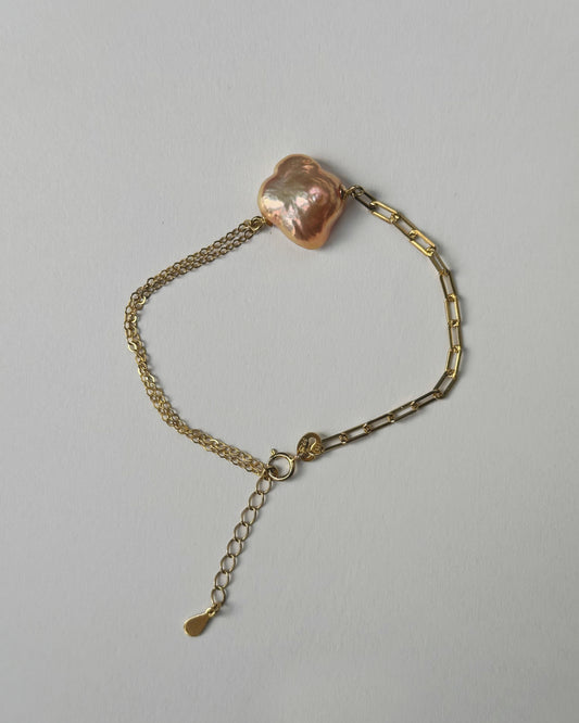 Rare Italian Baroque Pearl Clover Gold Plated Bracelet