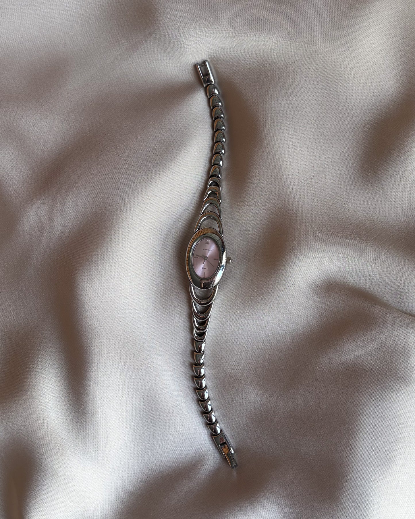 Oval Silver Tone Blush Pink Ripple Bracelet Watch
