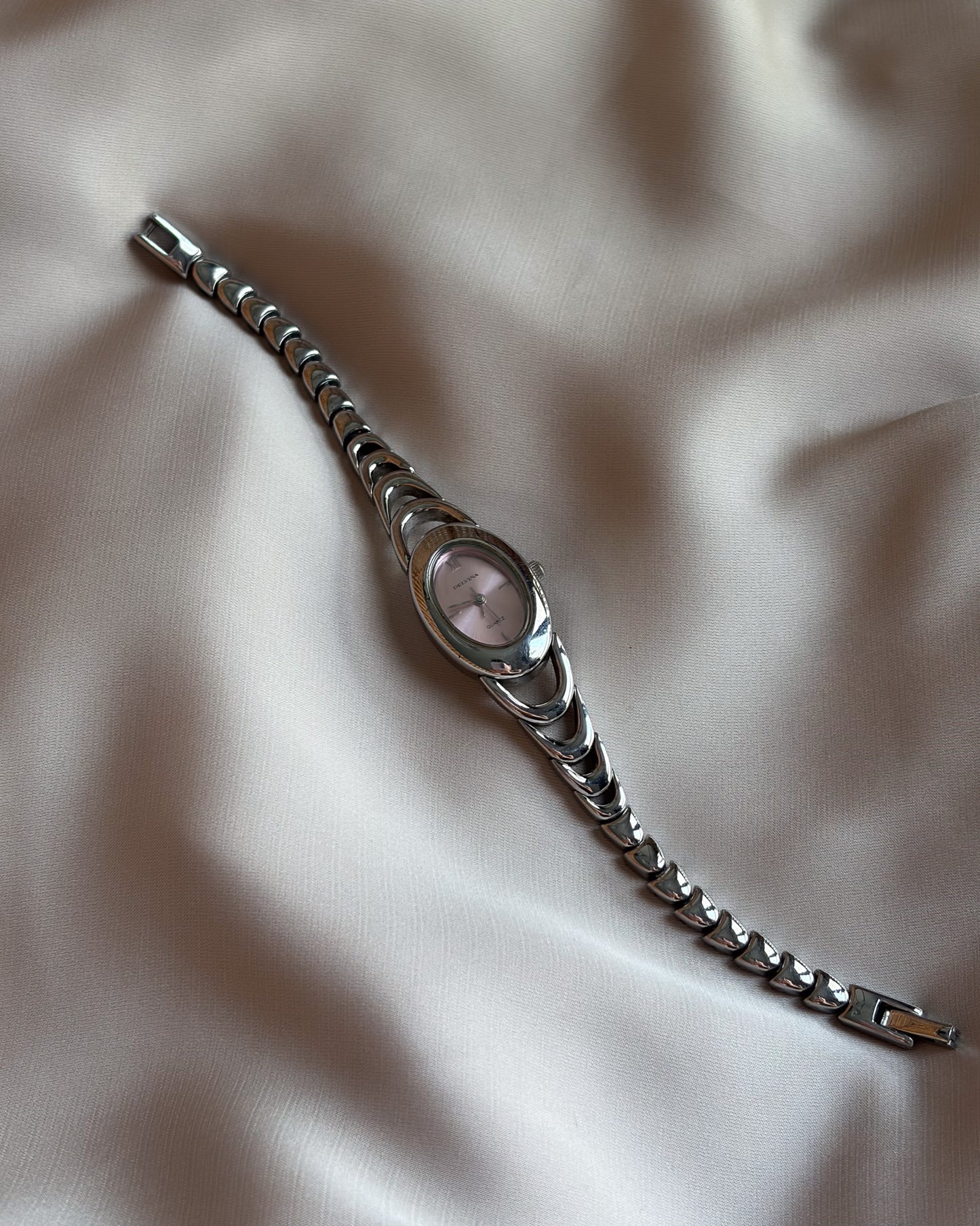 Oval Silver Tone Blush Pink Ripple Bracelet Watch