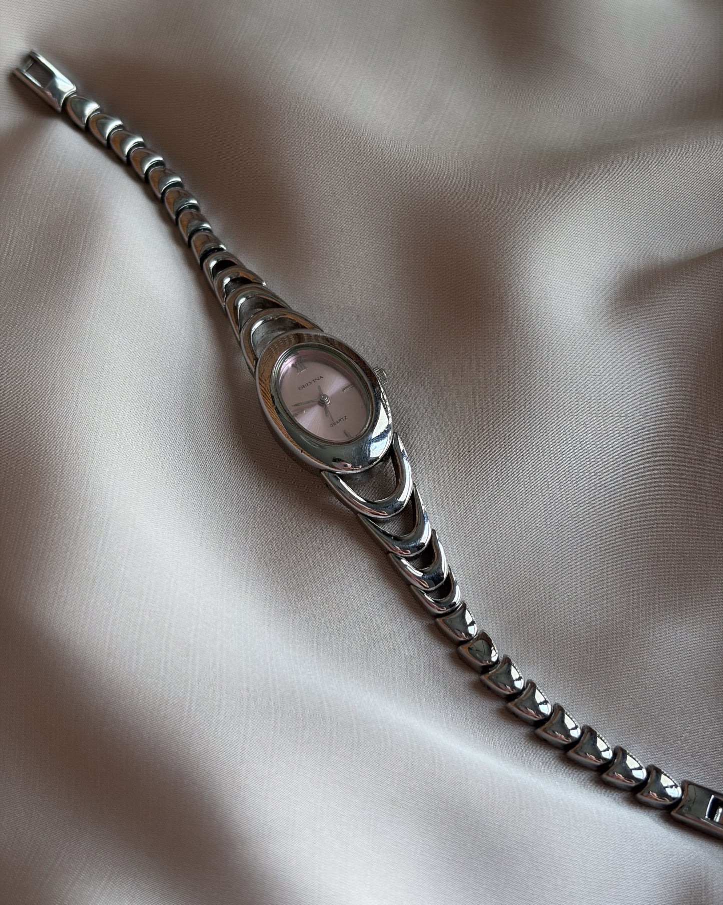 Oval Silver Tone Blush Pink Ripple Bracelet Watch