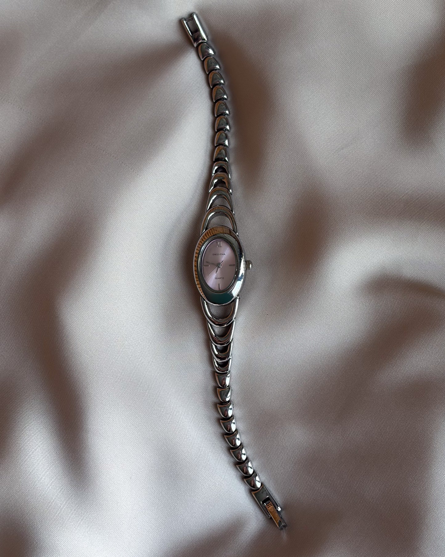 Oval Silver Tone Blush Pink Ripple Bracelet Watch