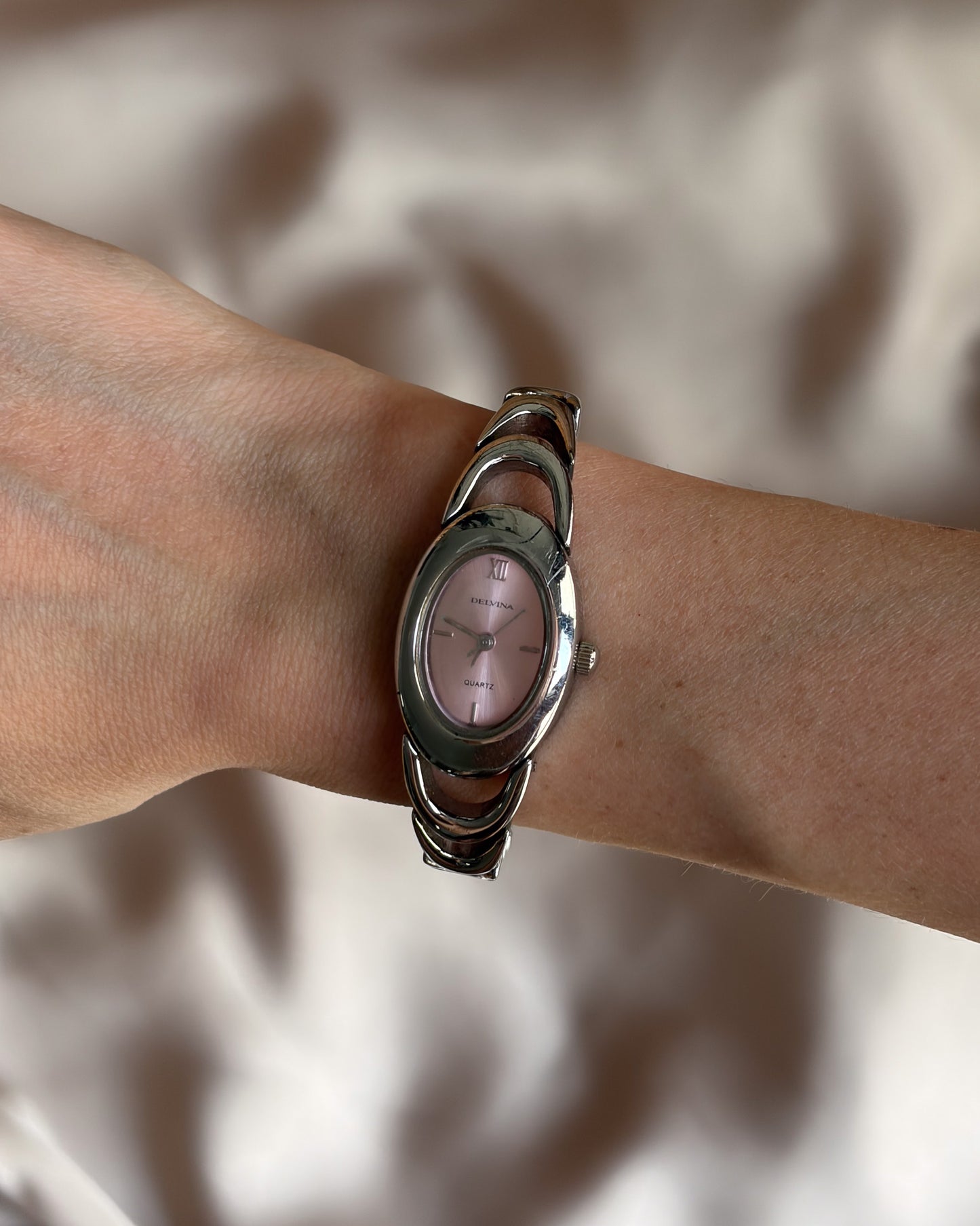 Oval Silver Tone Blush Pink Ripple Bracelet Watch