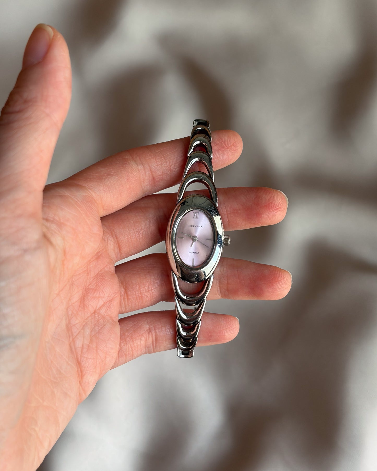 Oval Silver Tone Blush Pink Ripple Bracelet Watch