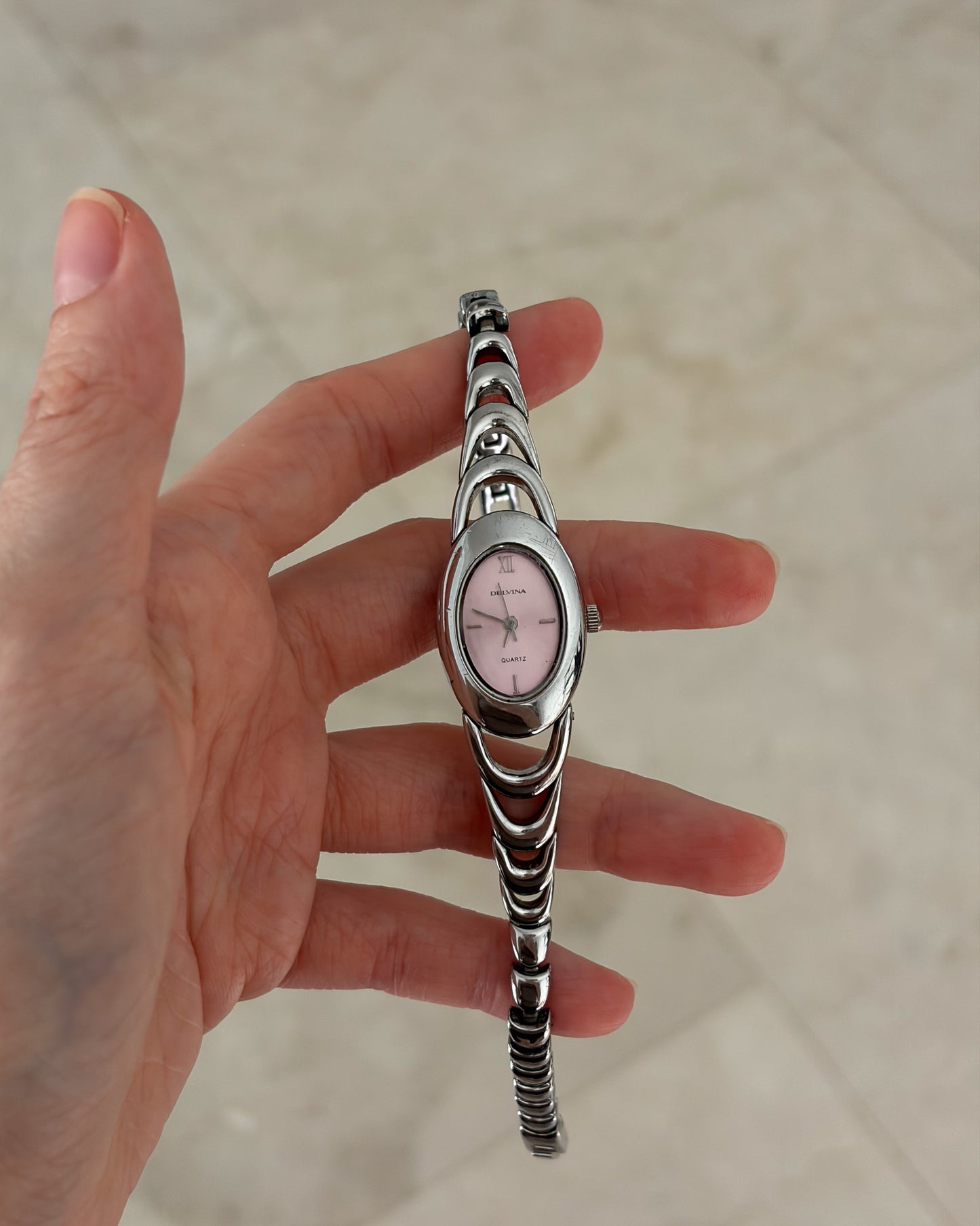Oval Silver Tone Blush Pink Ripple Bracelet Watch