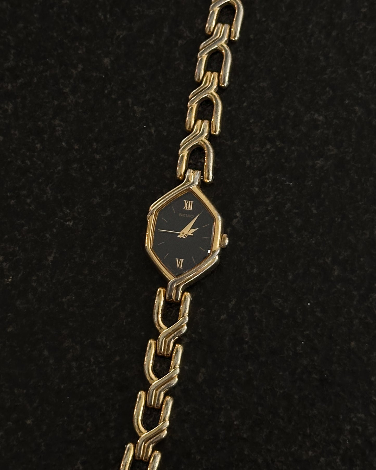 Vintage Seiko Hexagonal Black Dial Gold-Tone Bracelet Watch