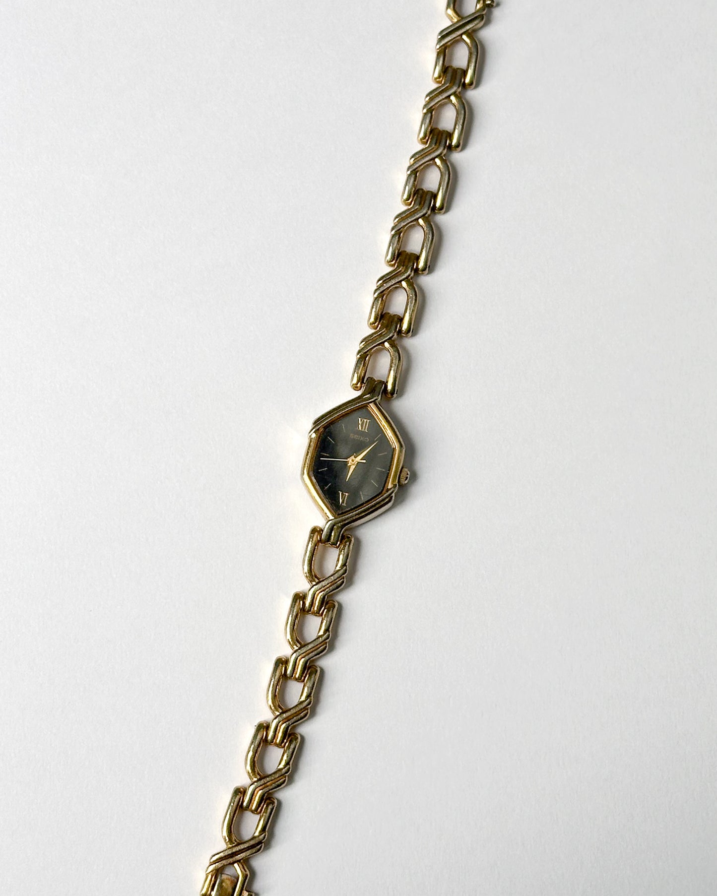 Vintage Seiko Hexagonal Black Dial Gold-Tone Bracelet Watch