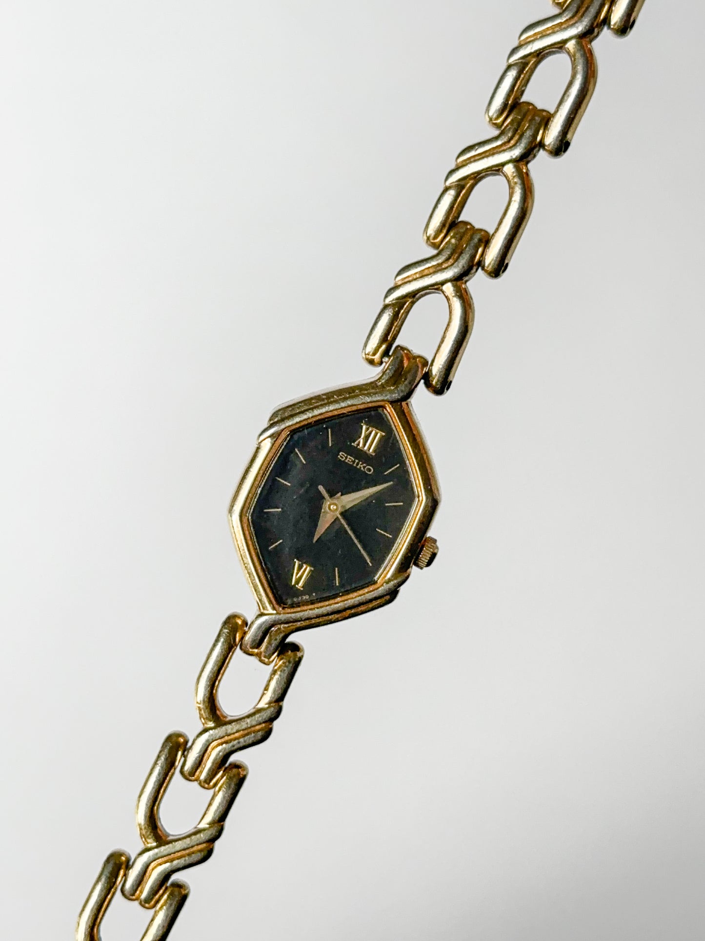 Vintage Seiko Hexagonal Black Dial Gold-Tone Bracelet Watch