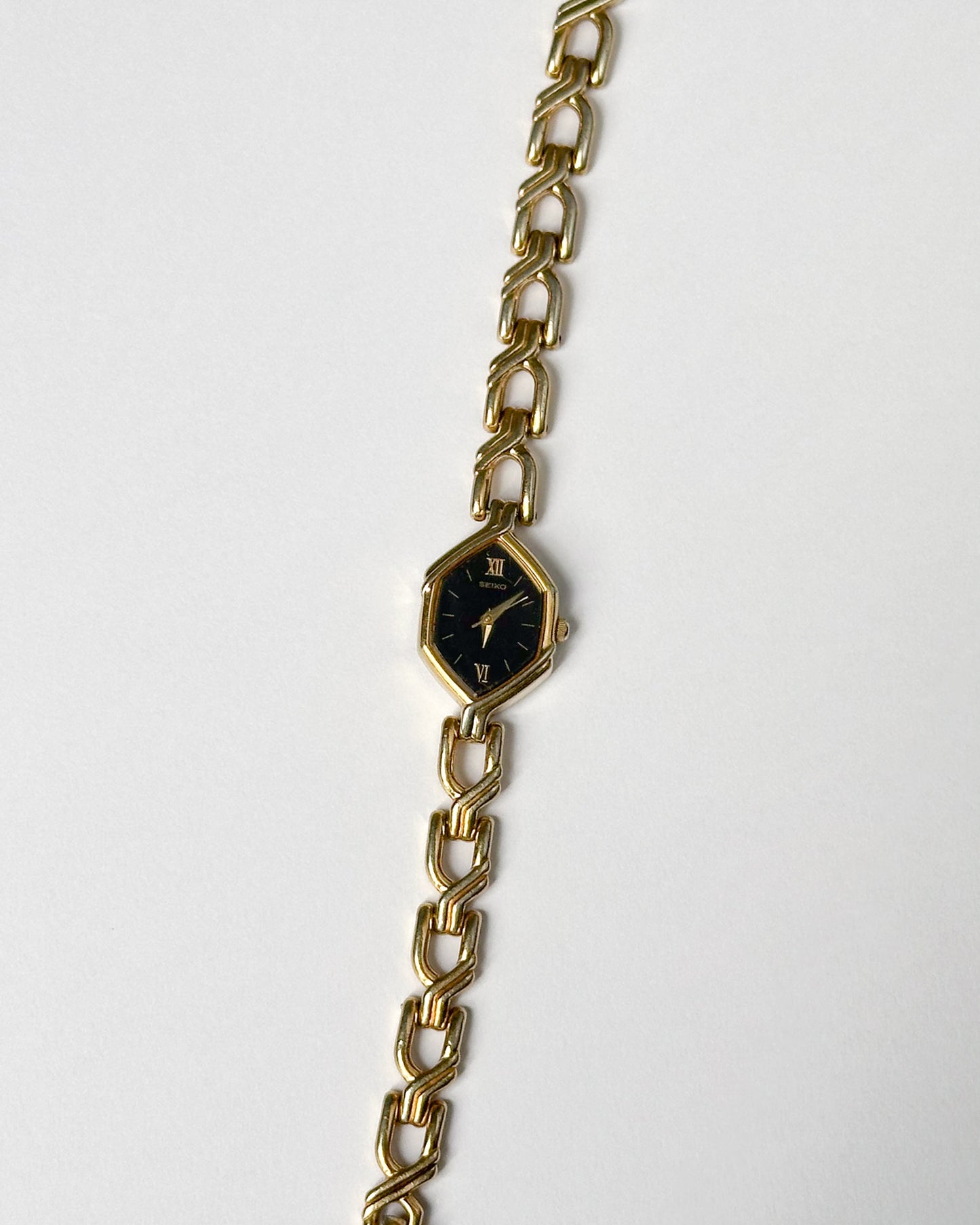 Vintage Seiko Hexagonal Black Dial Gold-Tone Bracelet Watch