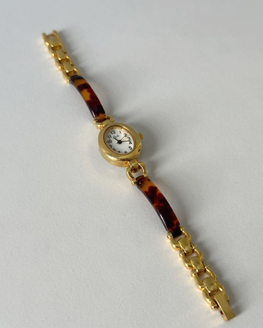 Oval Gold-Tone Tortoise Shell Vintage Watch